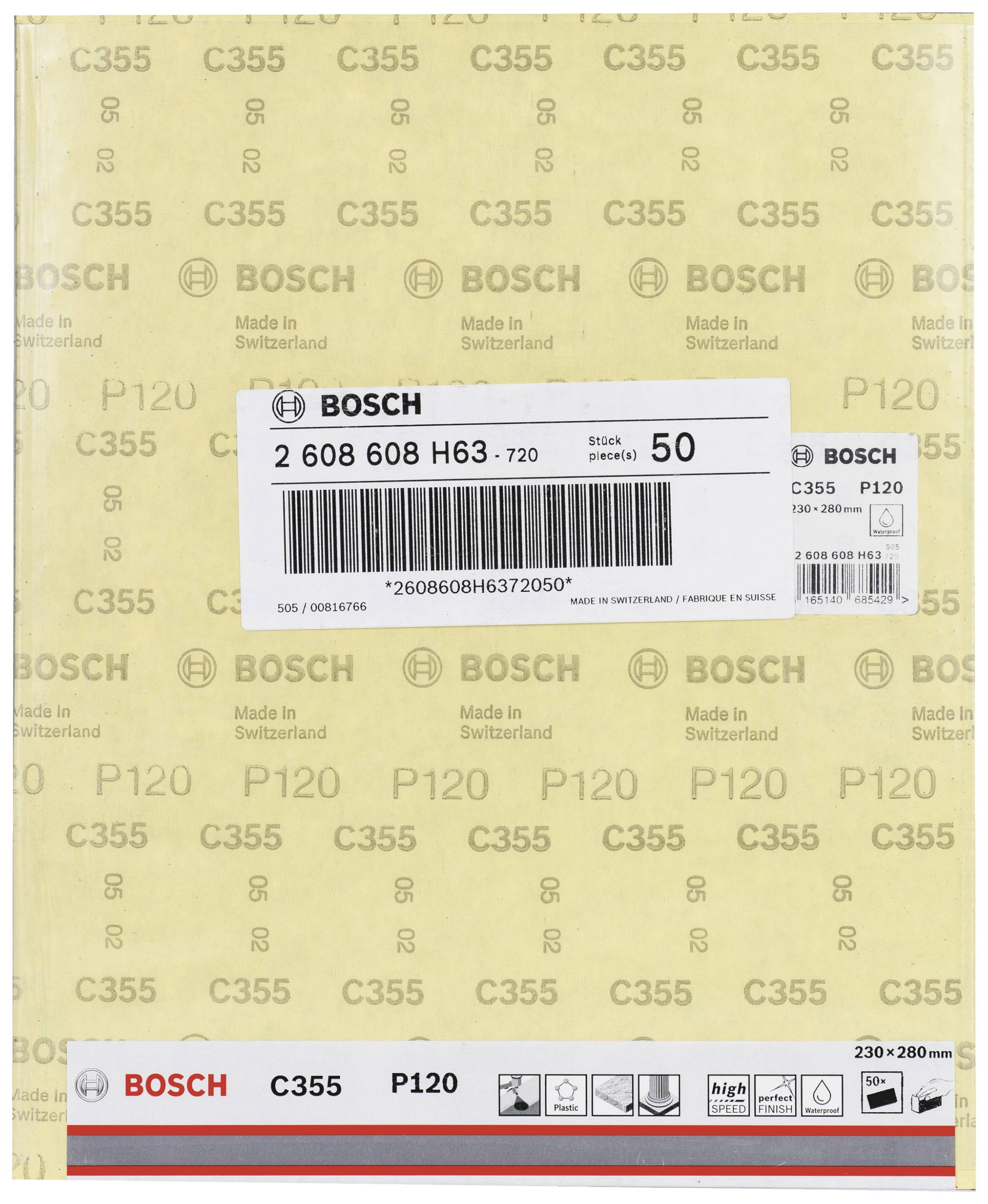 'Bosch' Sandpaper Pack, Type C355, Grit P120, 230x280 mm, manufactured in Switzerland. Product number: 2 608 608 H63.