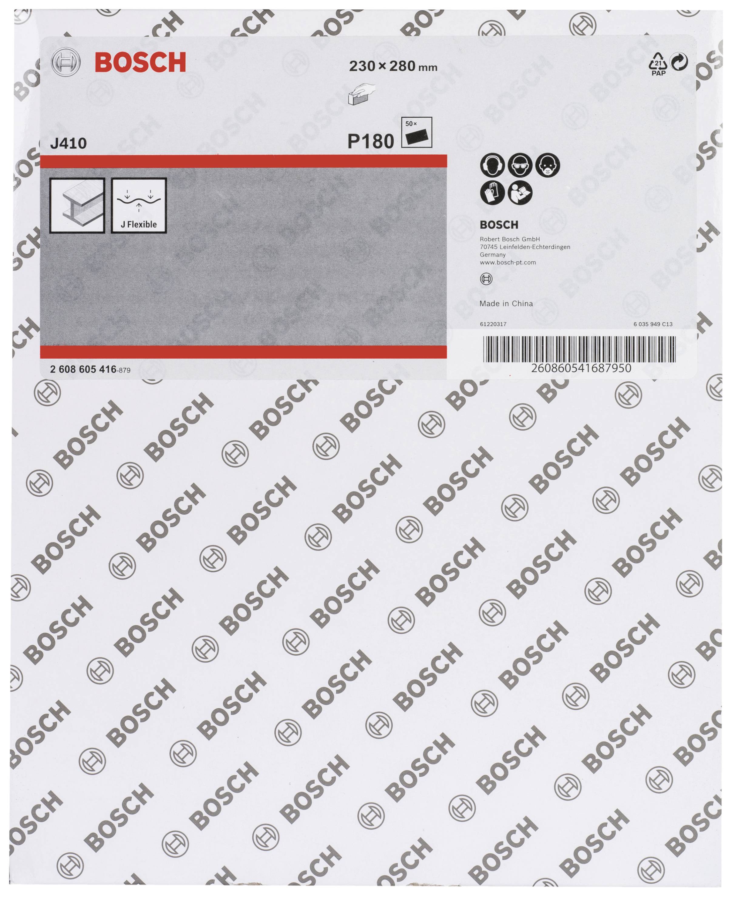 Bosch sandpaper packaging, size 230x280 mm, grit P180, for woodworking, manufactured in China.