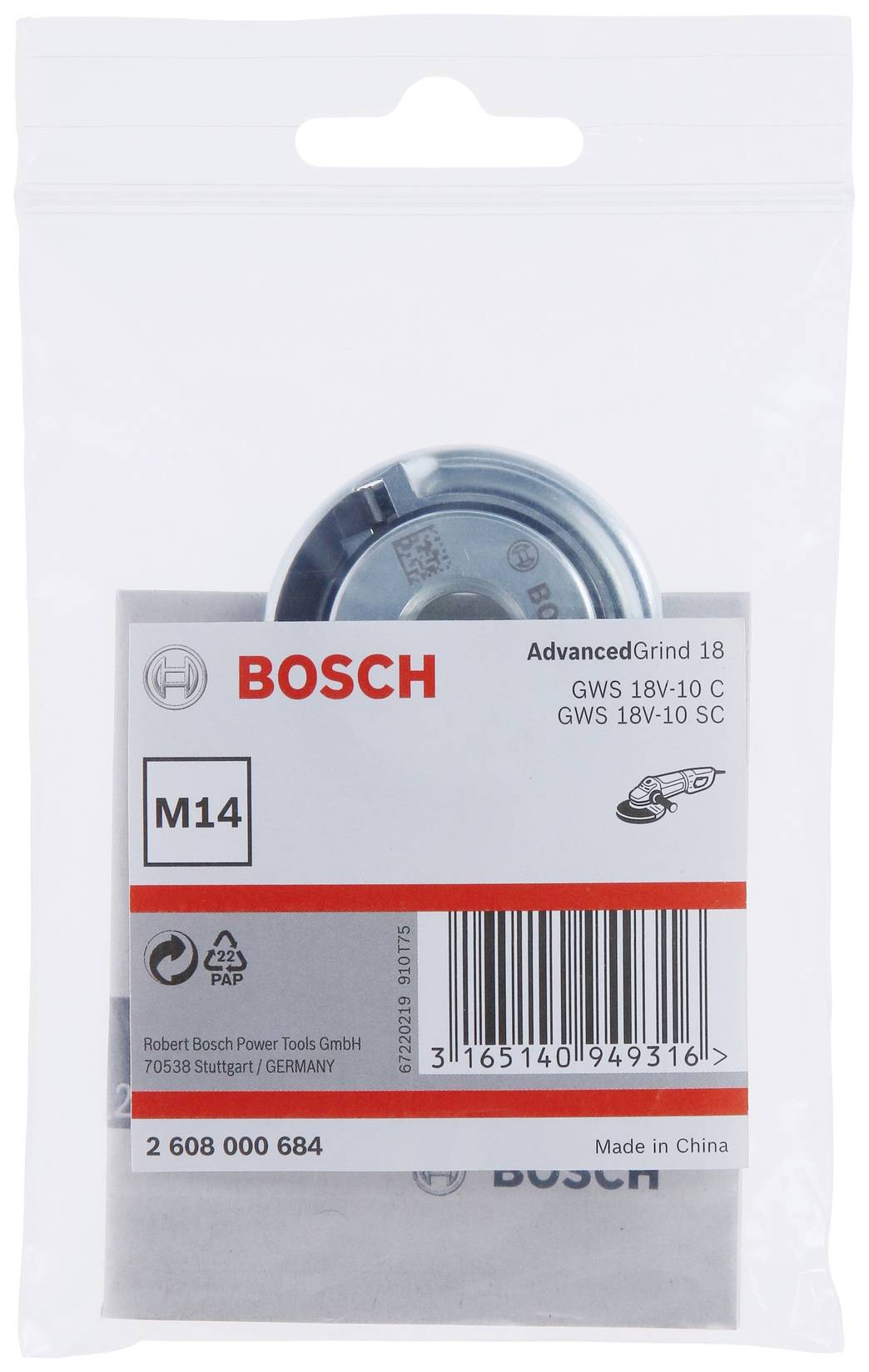 'Bosch AdvancedGrind 18' grinding disc, M14 thread, in plastic packaging. Product information and barcodes visible.