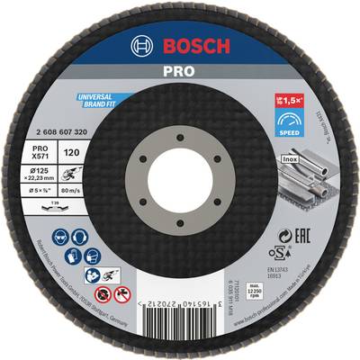 'Bosch PRO' grinding disc for metalworking. Diameter 125 mm, max. 12,200 rpm. Suitable for stainless steel, universal brand compatibility.