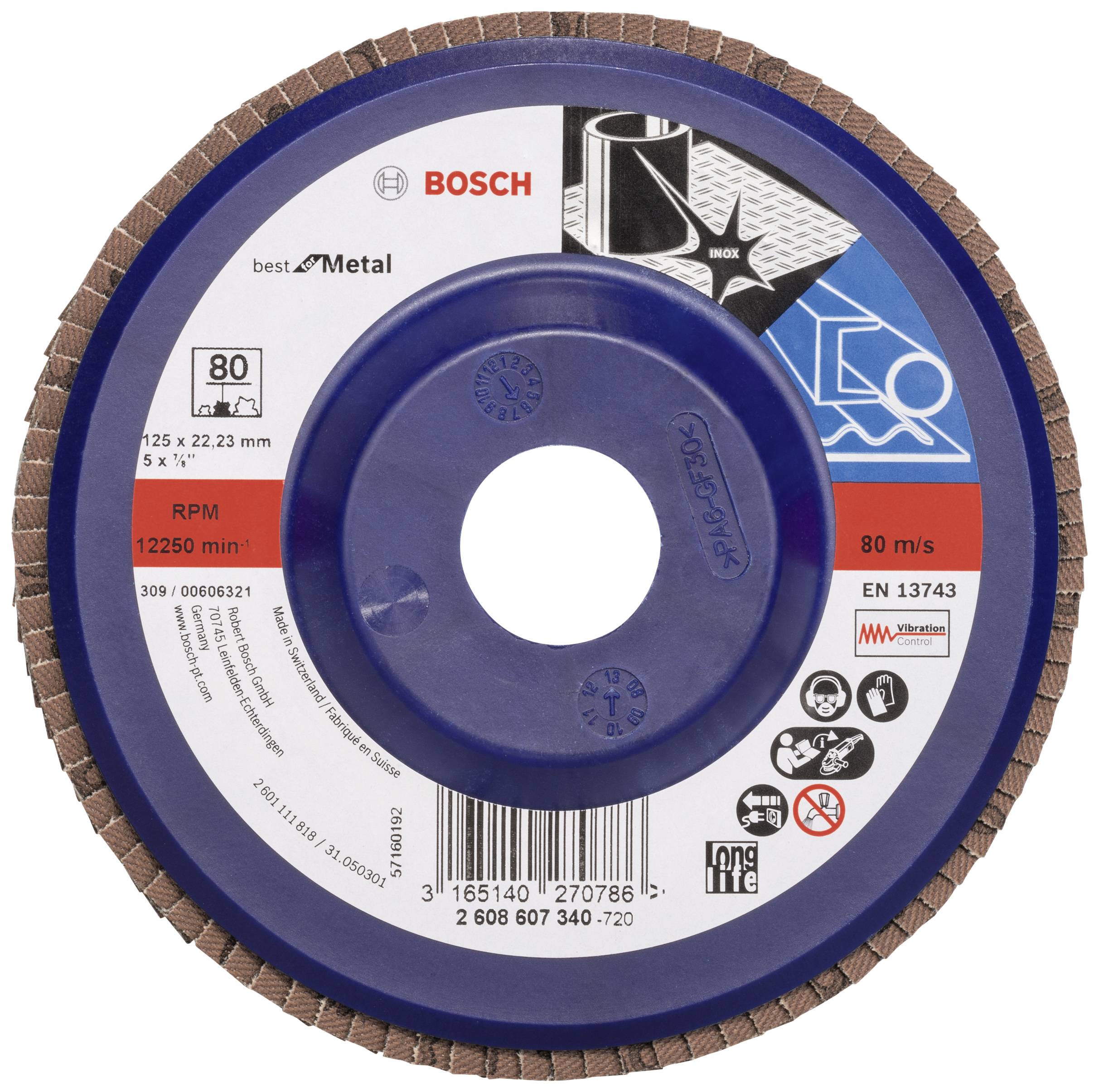 'Bosch Grinding Disc, best for Metal, 125 x 22.23 mm, 80 m/s. Maximum Speed: 12250 rpm, Standard: EN 13743.'