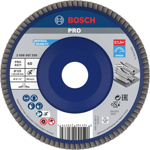 Bosch Accessories 2608607339 X571 Flap disc Diameter 125 mm Bore diameter 22.33 mm Grit size 60 Steel 1 pc(s)