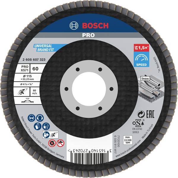 Bosch Accessories 2608607323 X571 Flap disc Diameter 115 mm Bore diameter 22.33 mm Grit size 60 Steel 1 pc(s)