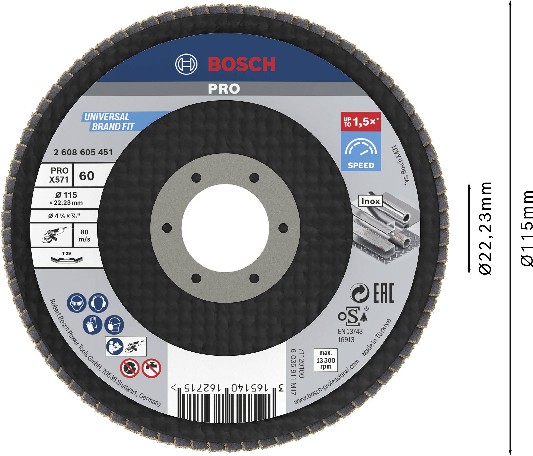 Round cutting disc from Bosch with a diameter of 115 mm, suitable for metalworking; Pro XS761 series, suitable for stainless steel.