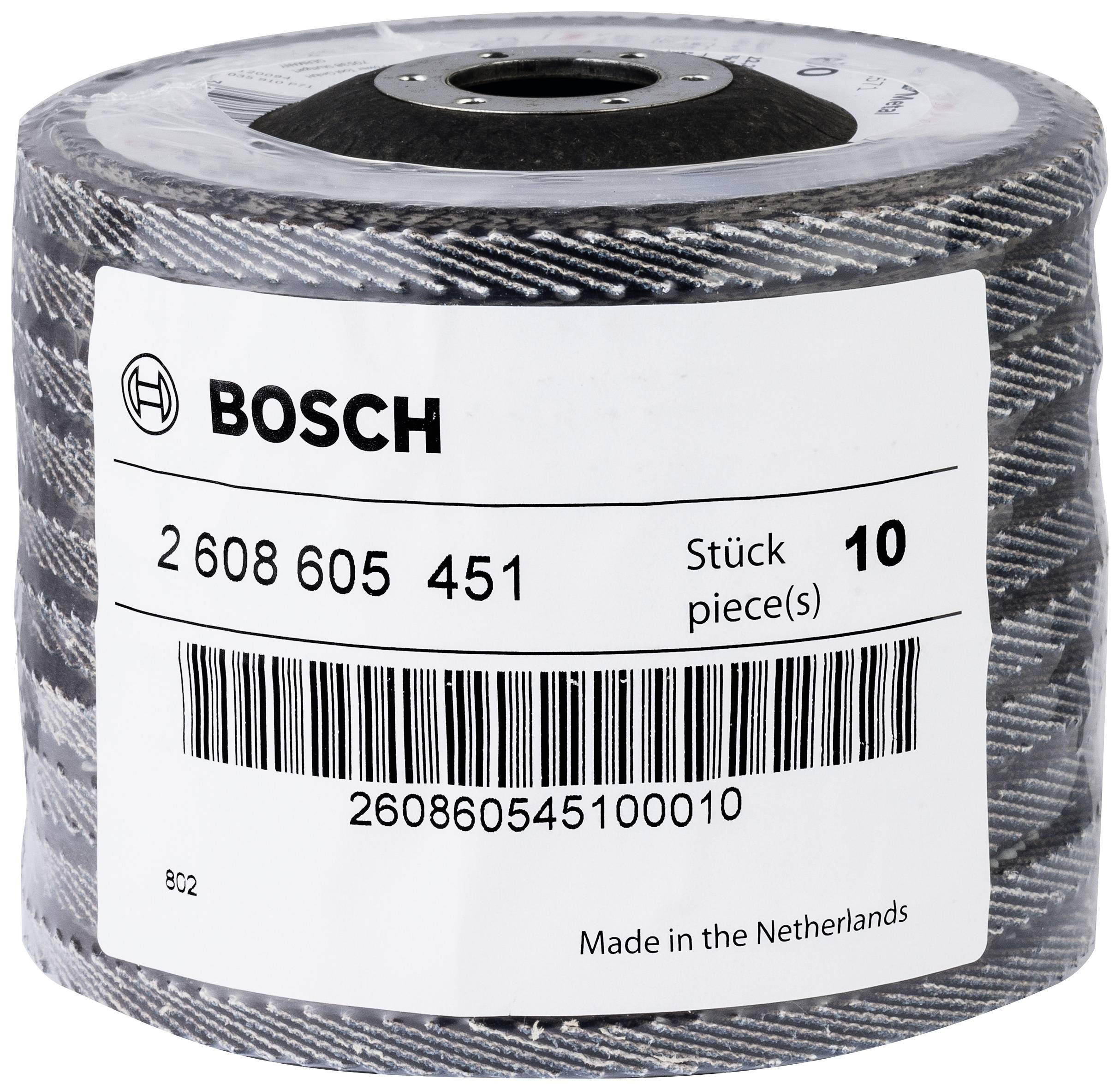 Large roll of abrasive material by Bosch with inscription 'Piece 10'. Article number and barcode visible. Manufactured in the Netherlands.