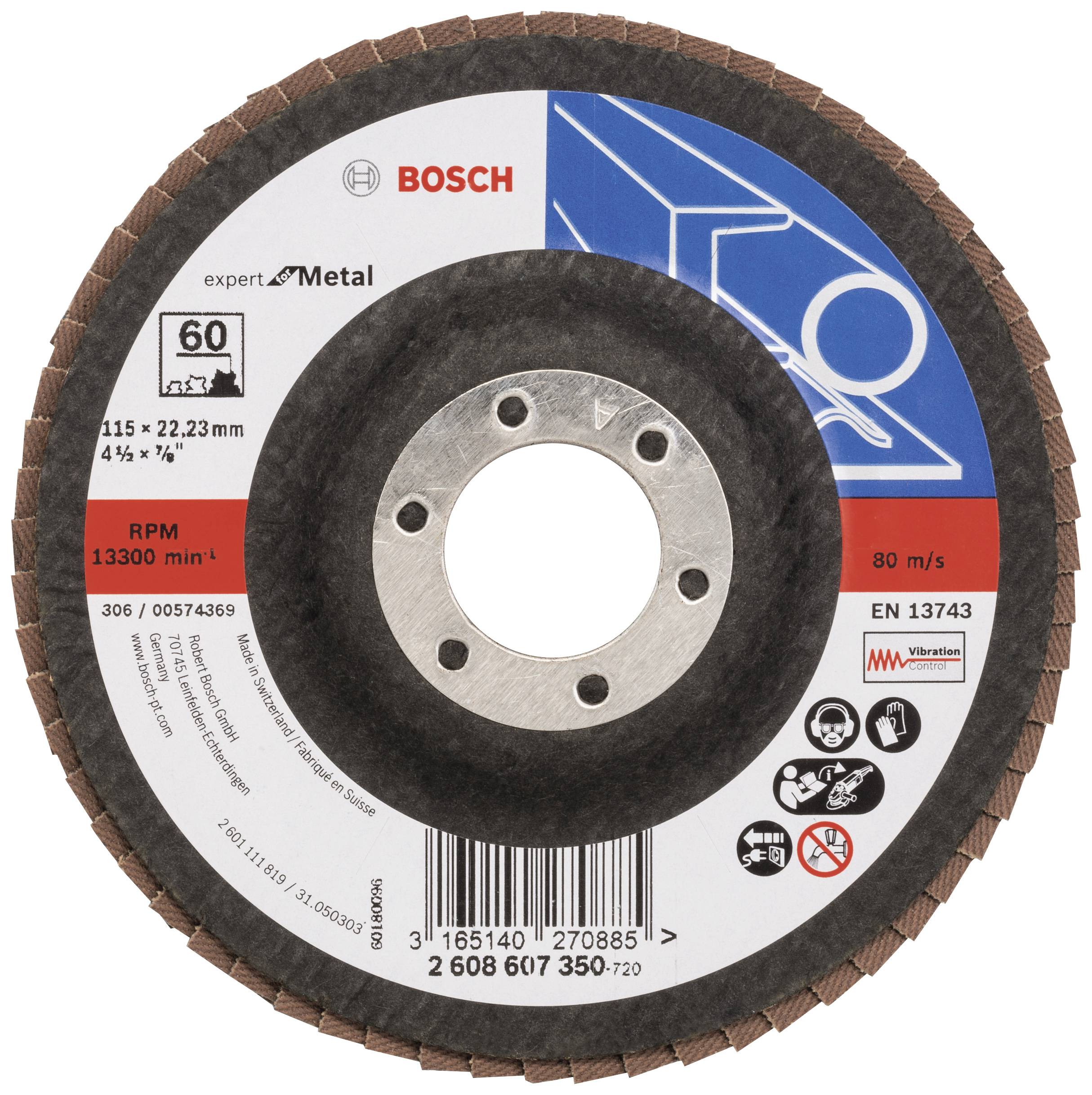 Bosch grinding disc, 115 mm diameter, for metal processing, maximum 13,300 RPM, certified to EN 13743.
