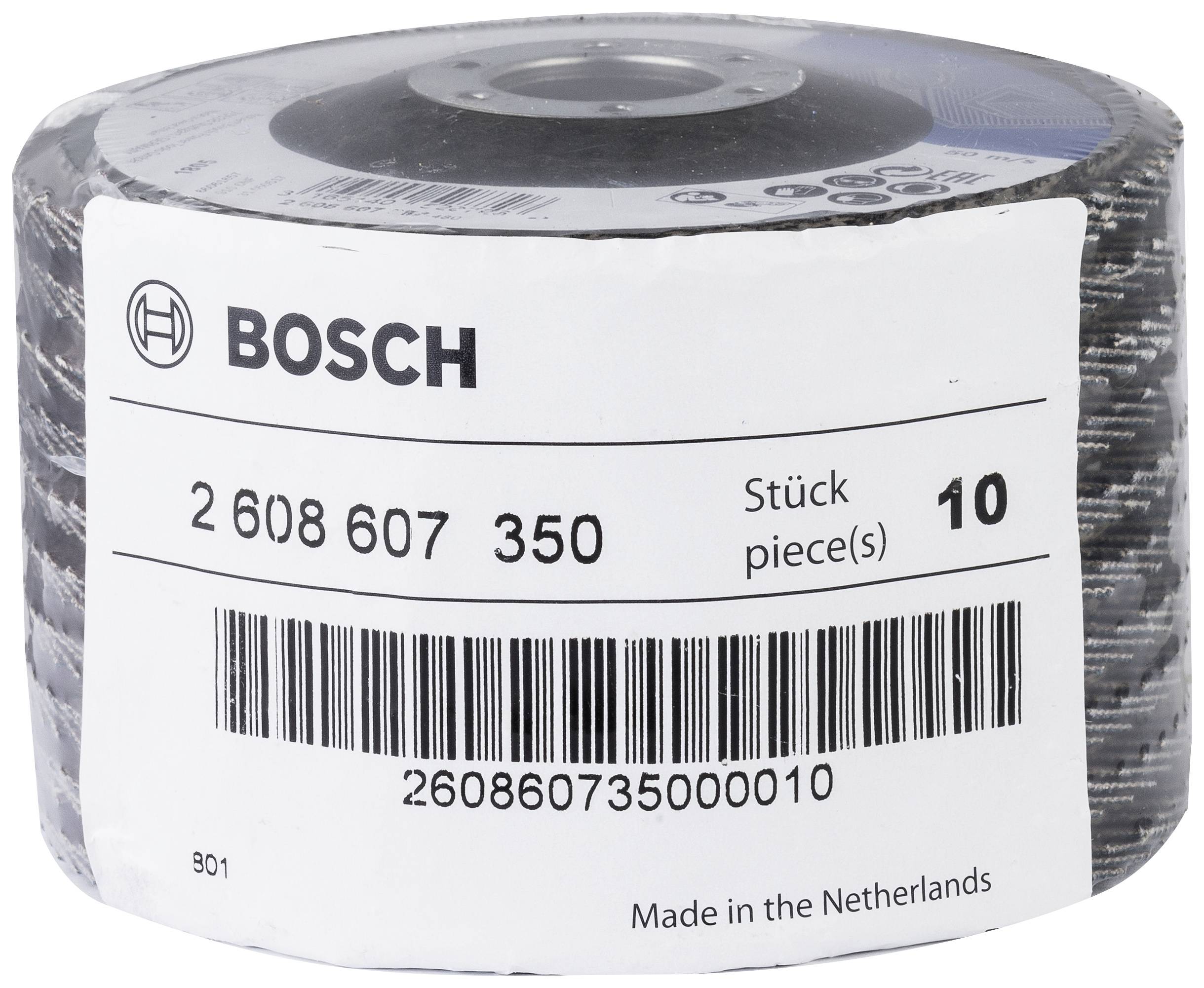 A stack of Bosch grinding discs with a barcode and the inscription 'Pack of 10', manufactured in the Netherlands.