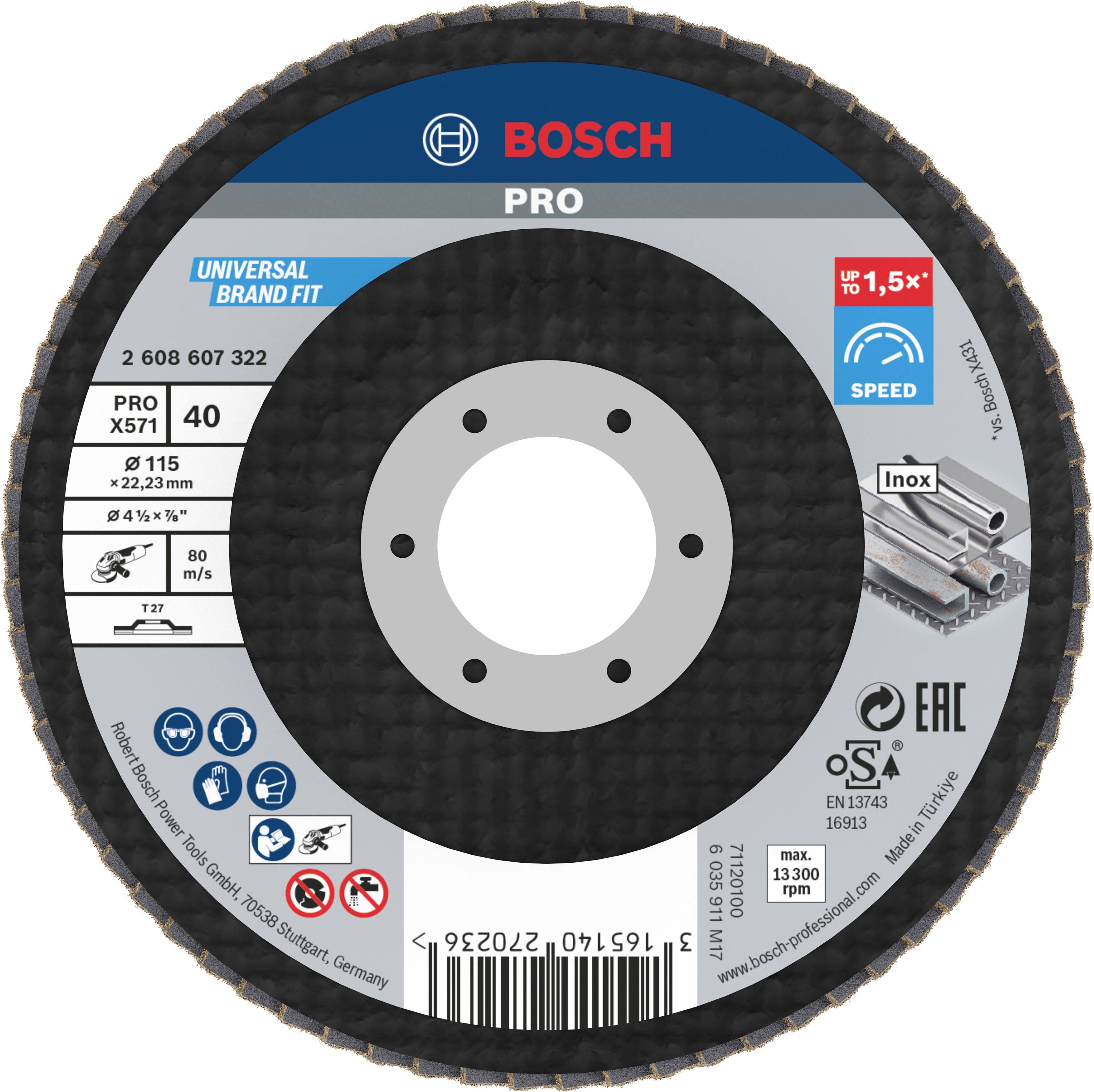 'Bosch Pro' cutting disc, 115 mm diameter, 1.5 mm thickness, suitable for stainless steel, max. 13,300 RPM, EAC and OSA certified.