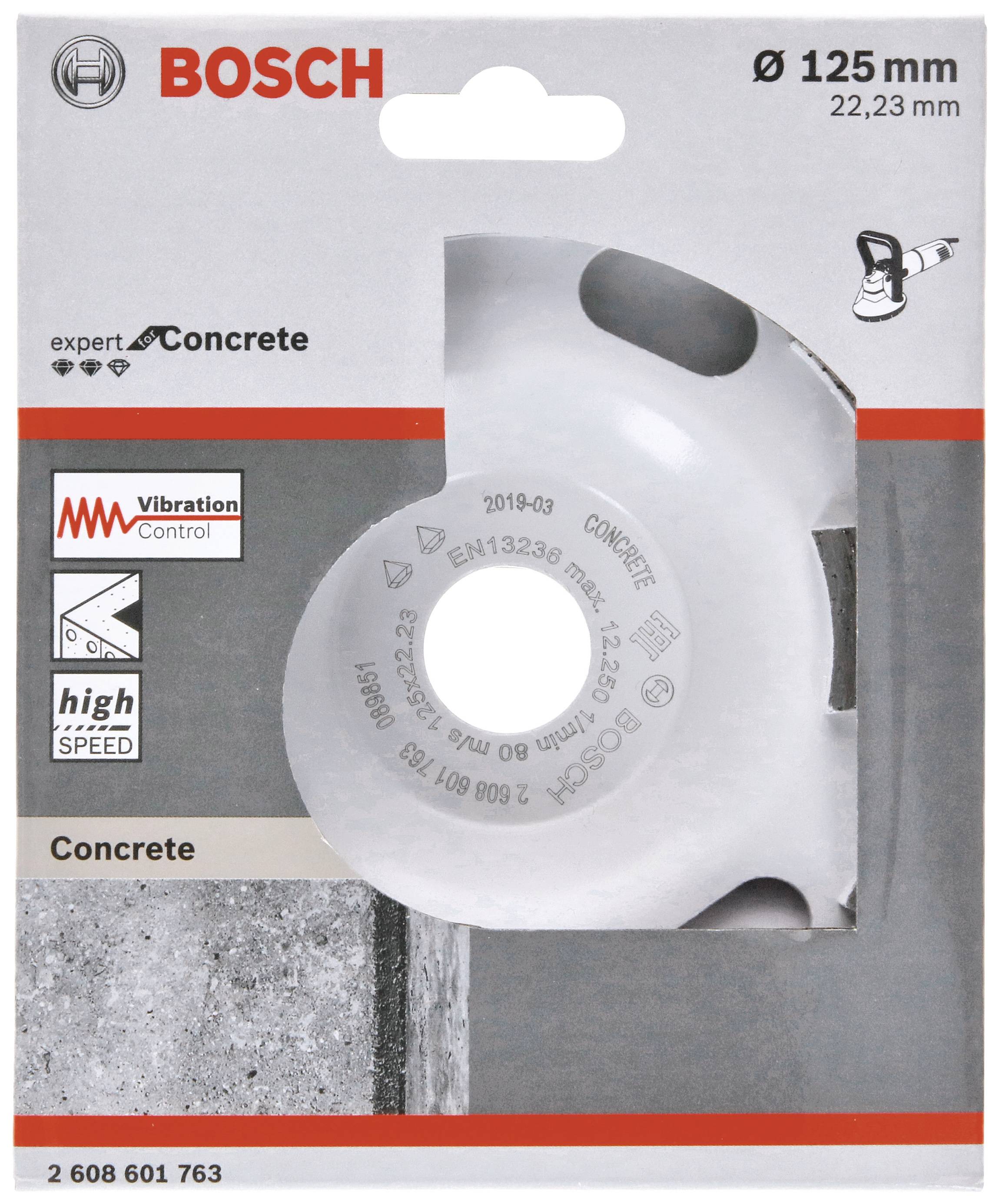 'Bosch Diamond Cutting Disc for Concrete, Ø 125 mm. Suitable for concrete, with vibration control and high cutting performance.'
