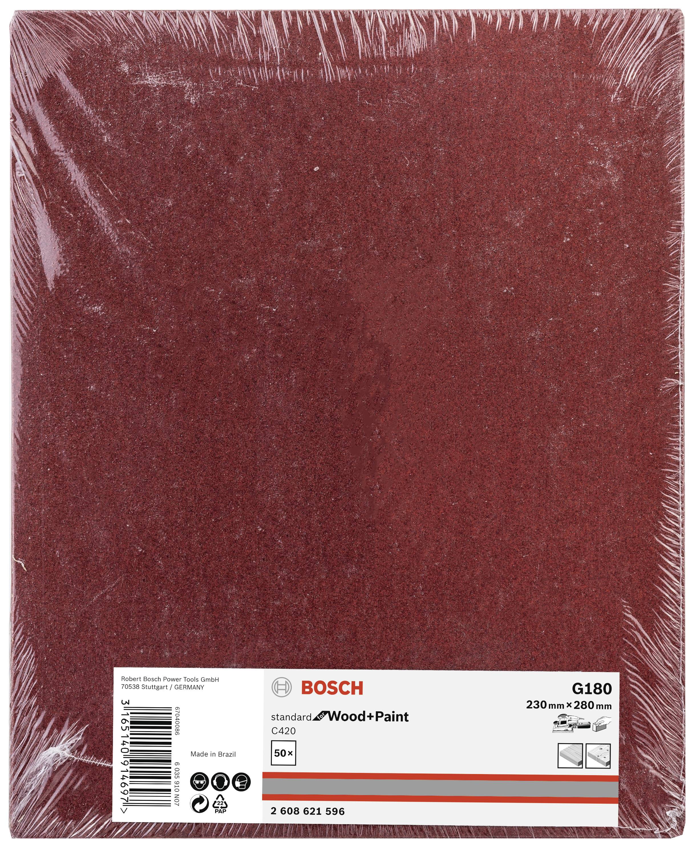 A red Bosch sandpaper, model G180, dimensions 230 mm x 280 mm, suitable for wood and paint, manufactured in Brazil.
