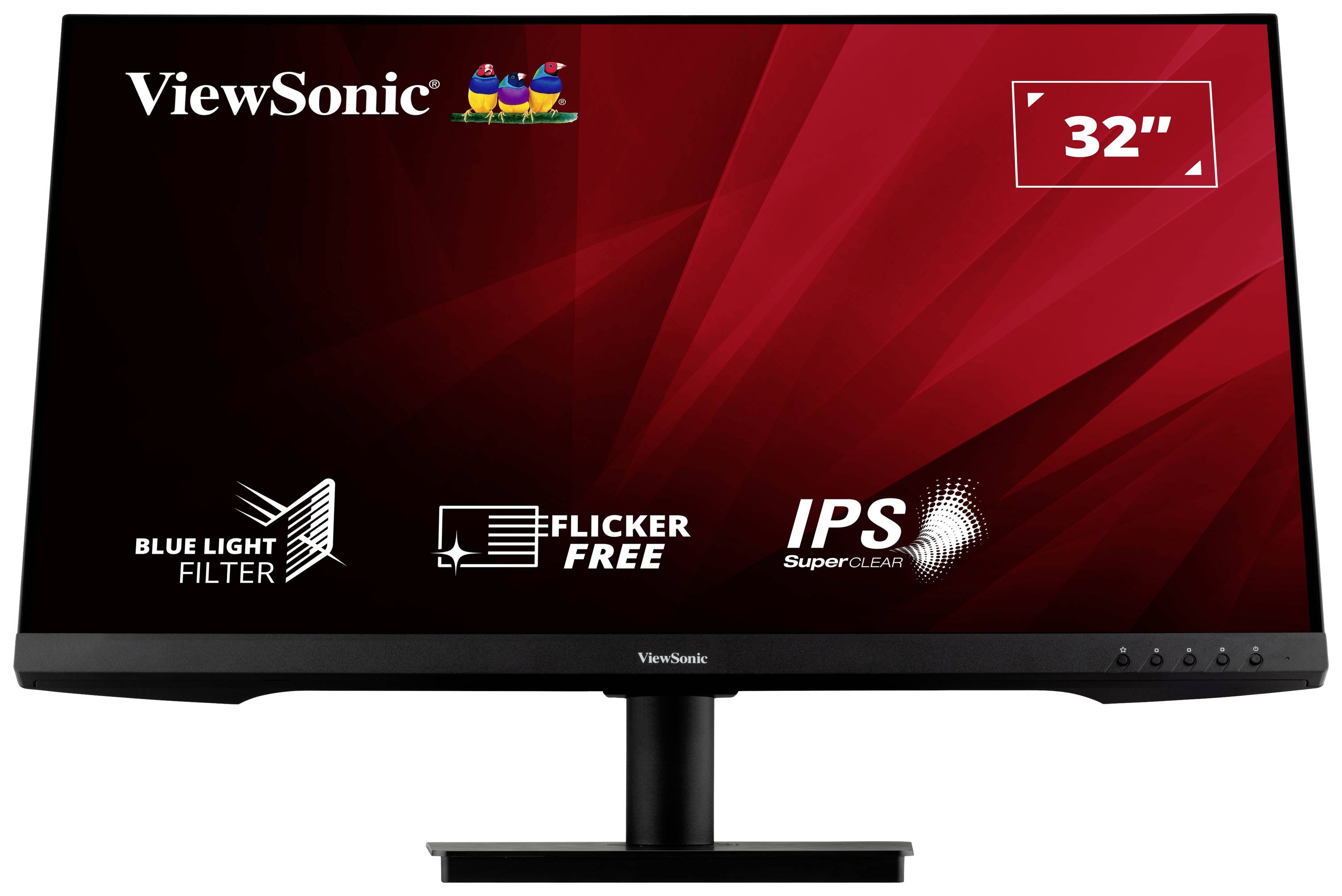 A 32-inch ViewSonic monitor with blue light filter, flicker-free technology, and IPS SuperClear technology.