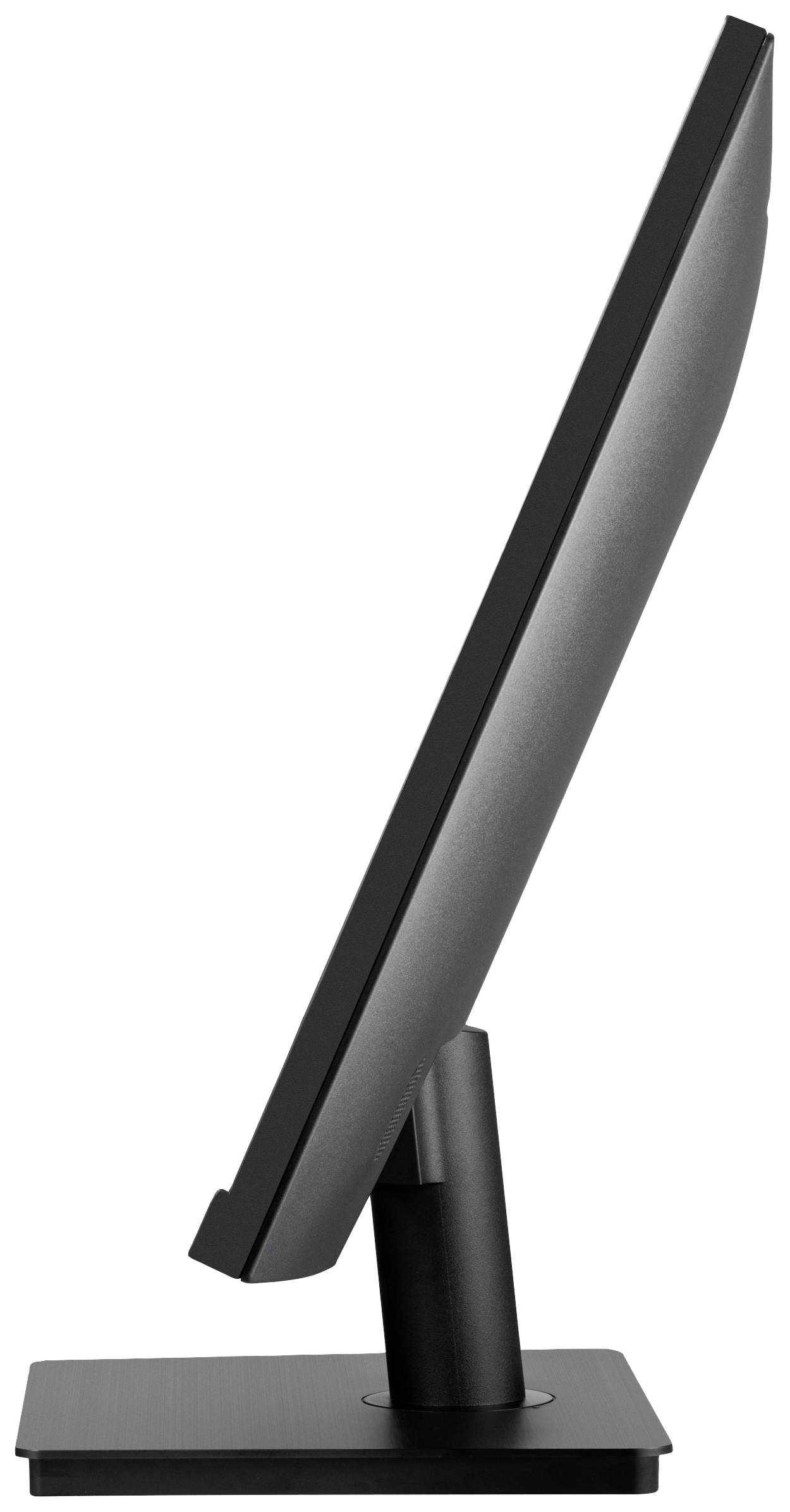 Side view of a flat computer monitor with a slim bezel mounted on a rectangular stand.