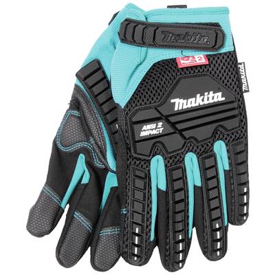Two black and teal work gloves with shock-absorbing protectors and hook-and-loop fastening, suitable for construction or trade use.