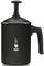Black milk frother with handle and lid by Bialetti. Device for frothing milk for coffee drinks.