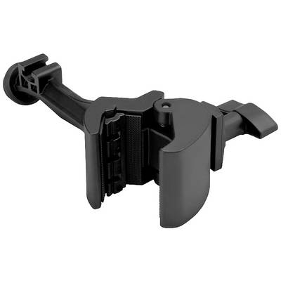 Black plastic holder with adjustable clamping mechanism, potentially for attaching a device to a table or other surface.