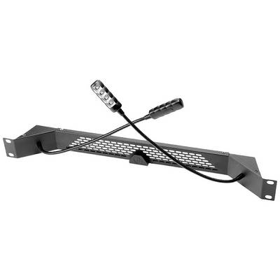 A black, perforated metal ventilation fan for server racks with two flexible LED light arms, suitable for cooling and illumination.