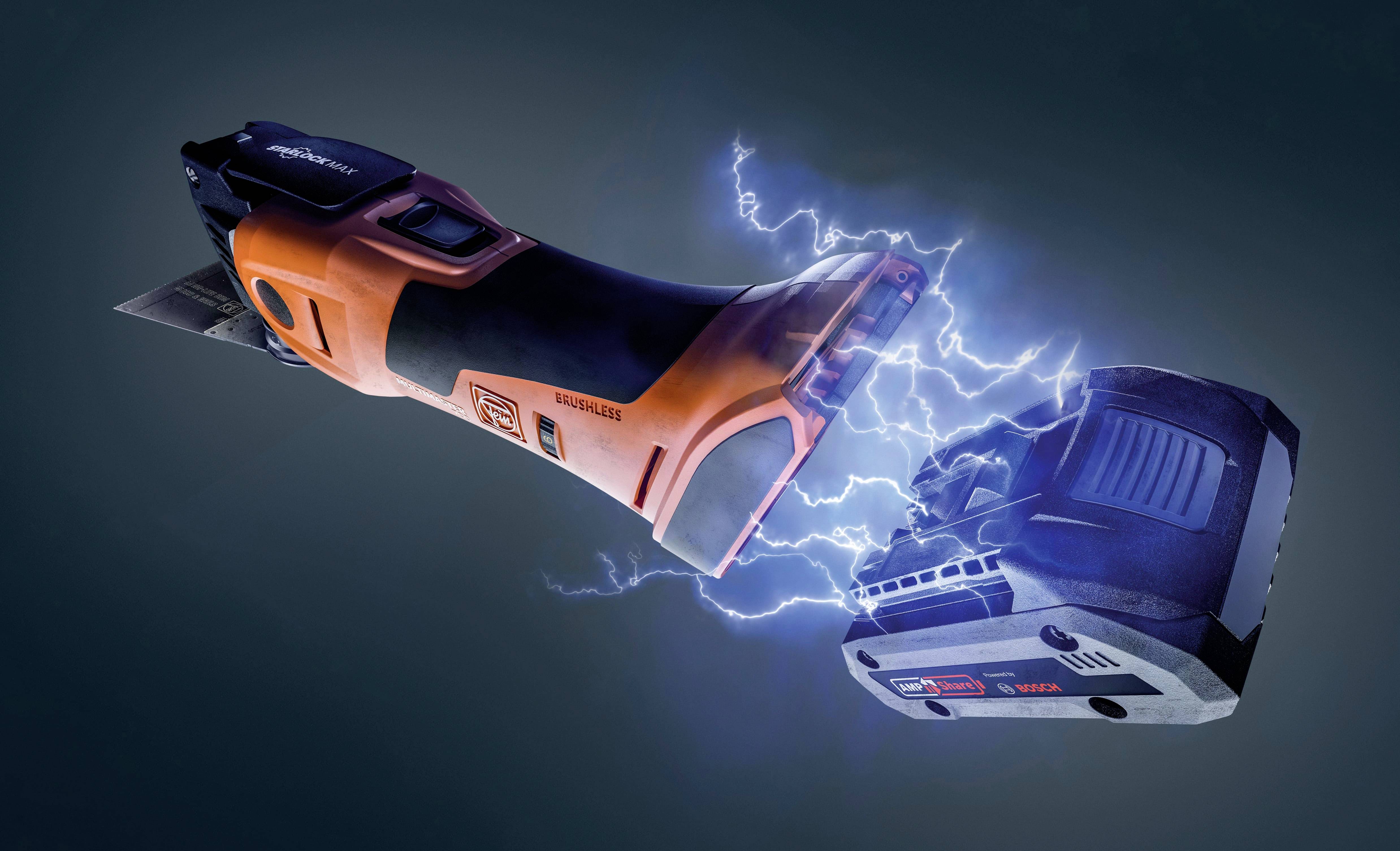 Electric cutting tool with lightning-shaped energy effect between main device and battery, on a dark background.
