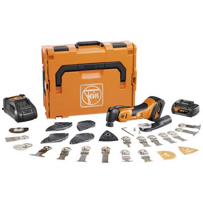 An orange multi-tool set with a case, various tool attachments and two batteries, suitable for DIY tasks.