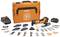 An orange multi-tool set with a case, various tool attachments and two batteries, suitable for DIY tasks.
