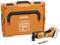 Orange power tool set with tool case and cordless multi-tool. The case symbol displays the logo of a tool brand.