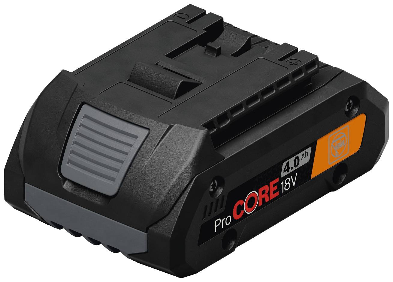 Black 18V ProCORE Battery with grey handle and orange labelling '4.0 Ah'. Compact design for tools.