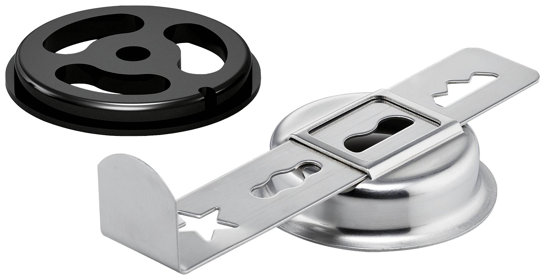 Metallic egg opener with various geometric shapes for decorating eggs. A black lid lies to the left.