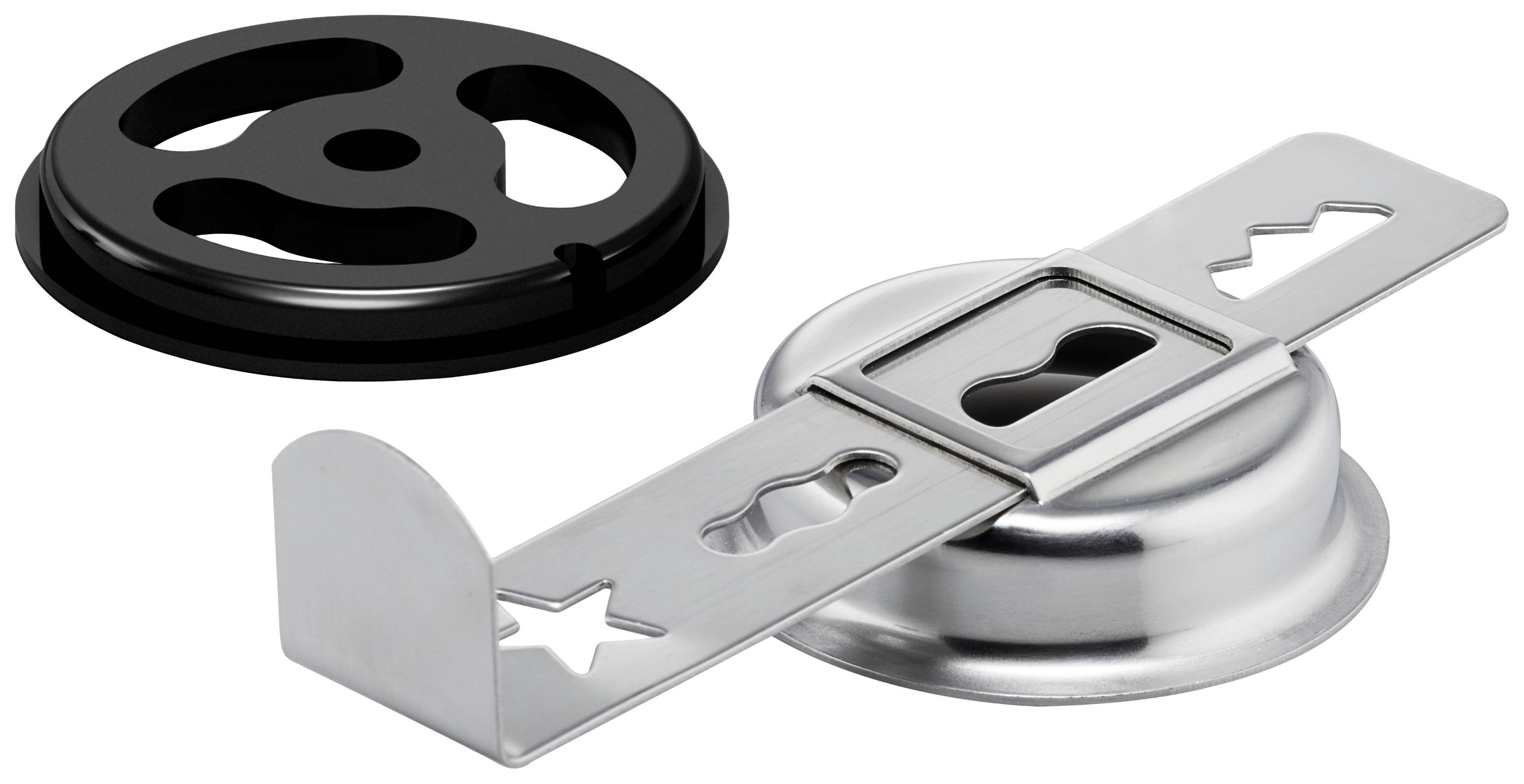 A black, round metal lid next to a silver, round metal device with integrated stencils in star and wave shapes.