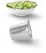 A white bowl filled with cucumber salad and a grater lying on its side.