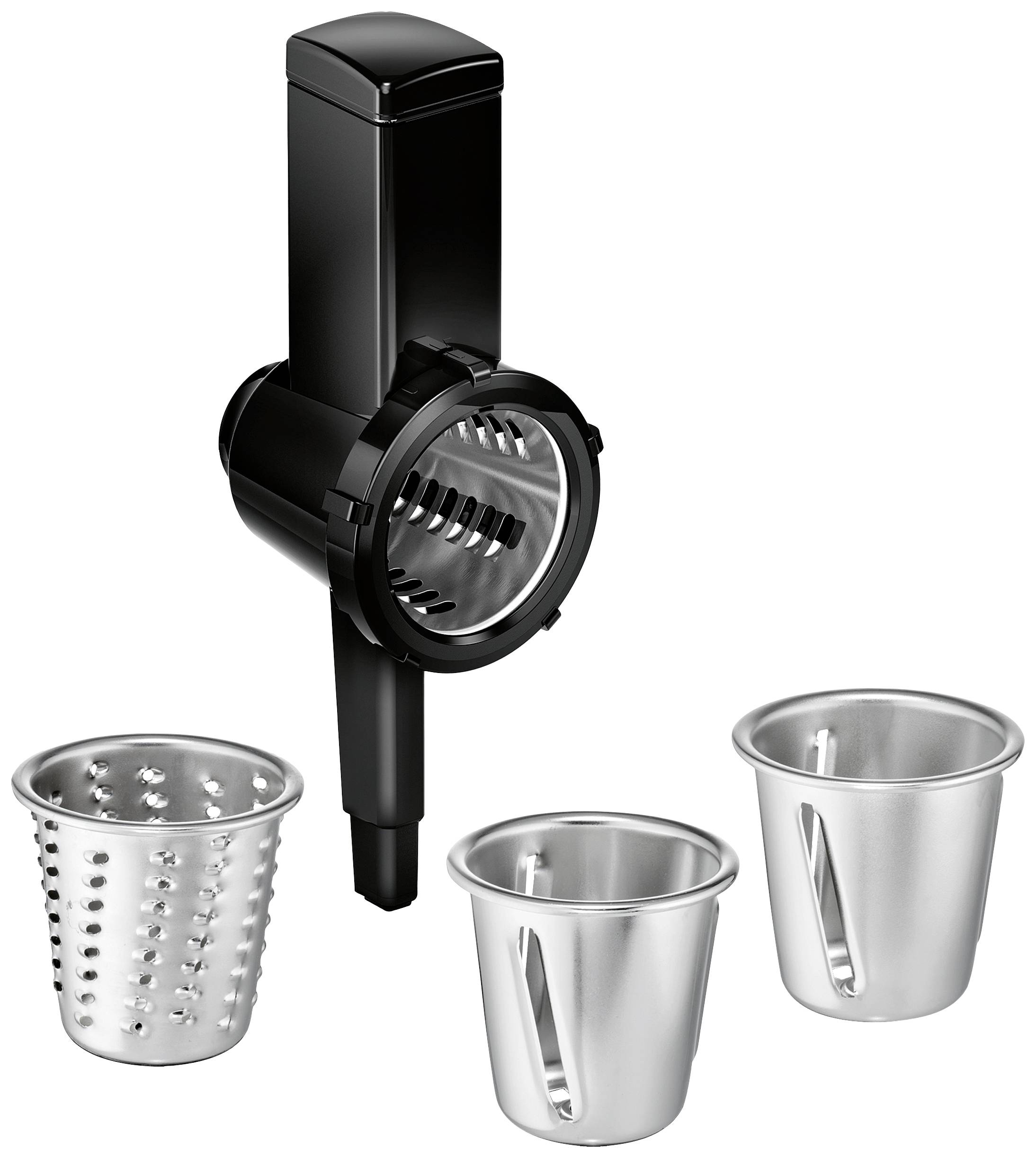 Black and silver vegetable slicer with three interchangeable drums for different cutting styles. Ideal for quick preparation.