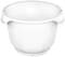 White plastic mixing bowl with a wide rim, rounded shape, and smooth surface.