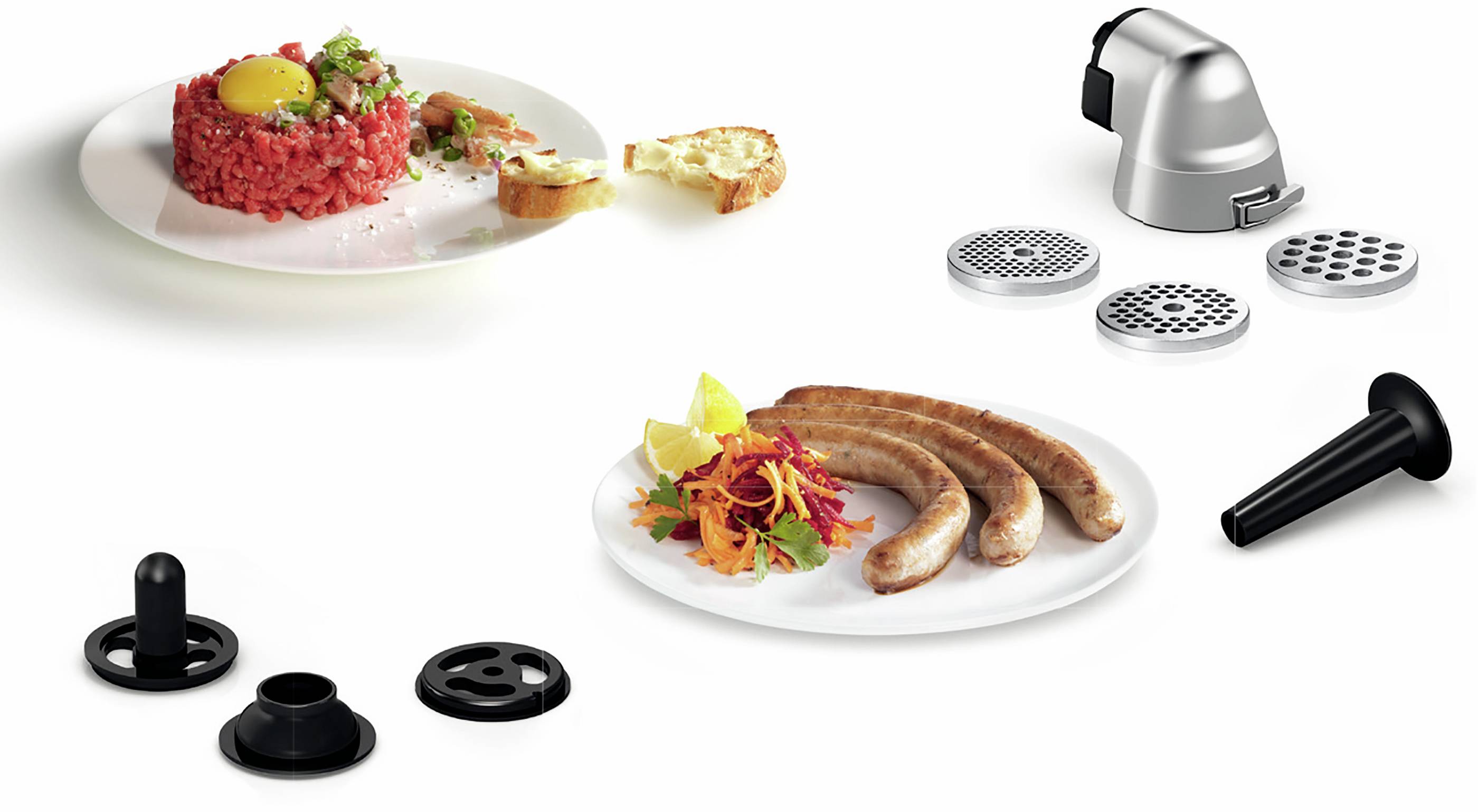 A plate with steak tartare and egg, alongside bread. A second plate with three sausages and salad. Kitchen utensils are placed nearby.
