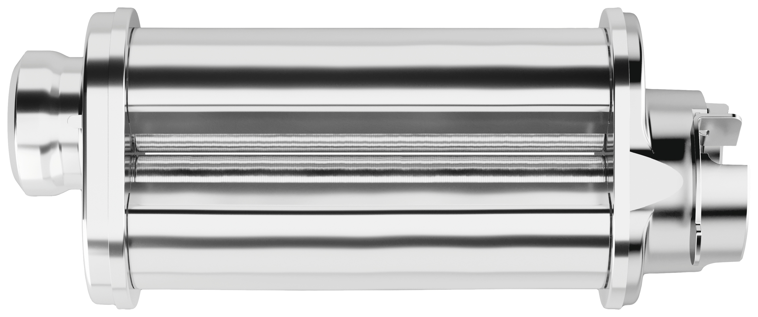 Industrial metal roller with a grooved surface, horizontally aligned. High-gloss silver colour, against a blank background.