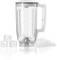 A transparent blender jug with ice cubes and crushed ice beside it, on a white surface.
