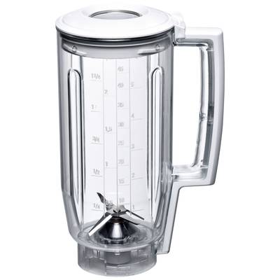 A transparent mixing container with a handle and measurement scale on the side. Sharp metal blades are visible at the bottom.