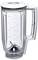 A transparent mixing container with a handle and measurement scale on the side. Sharp metal blades are visible at the bottom.