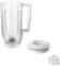 A transparent blender jug with a handle, removable blades and two white lids. The jug is tall and cylindrical.
