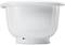 White, round plastic bowl with a rim. Side view.