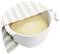 A proving dough sits in a white bowl, partially covered with a striped tea towel.