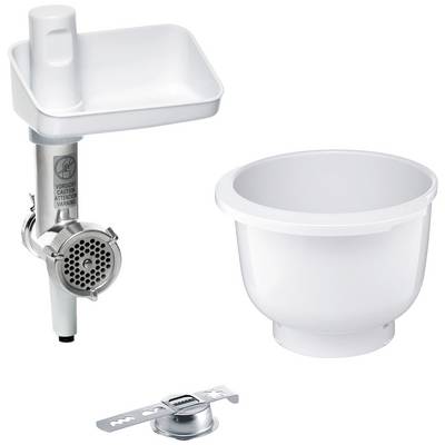 A kitchen machine accessory set with meat grinder attachment, mixing bowl and mixer adapter, presented in a simple, white design.