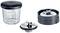 Small Bosch food processor with glass container, black lid and two blade attachments, one of those in a black holder.
