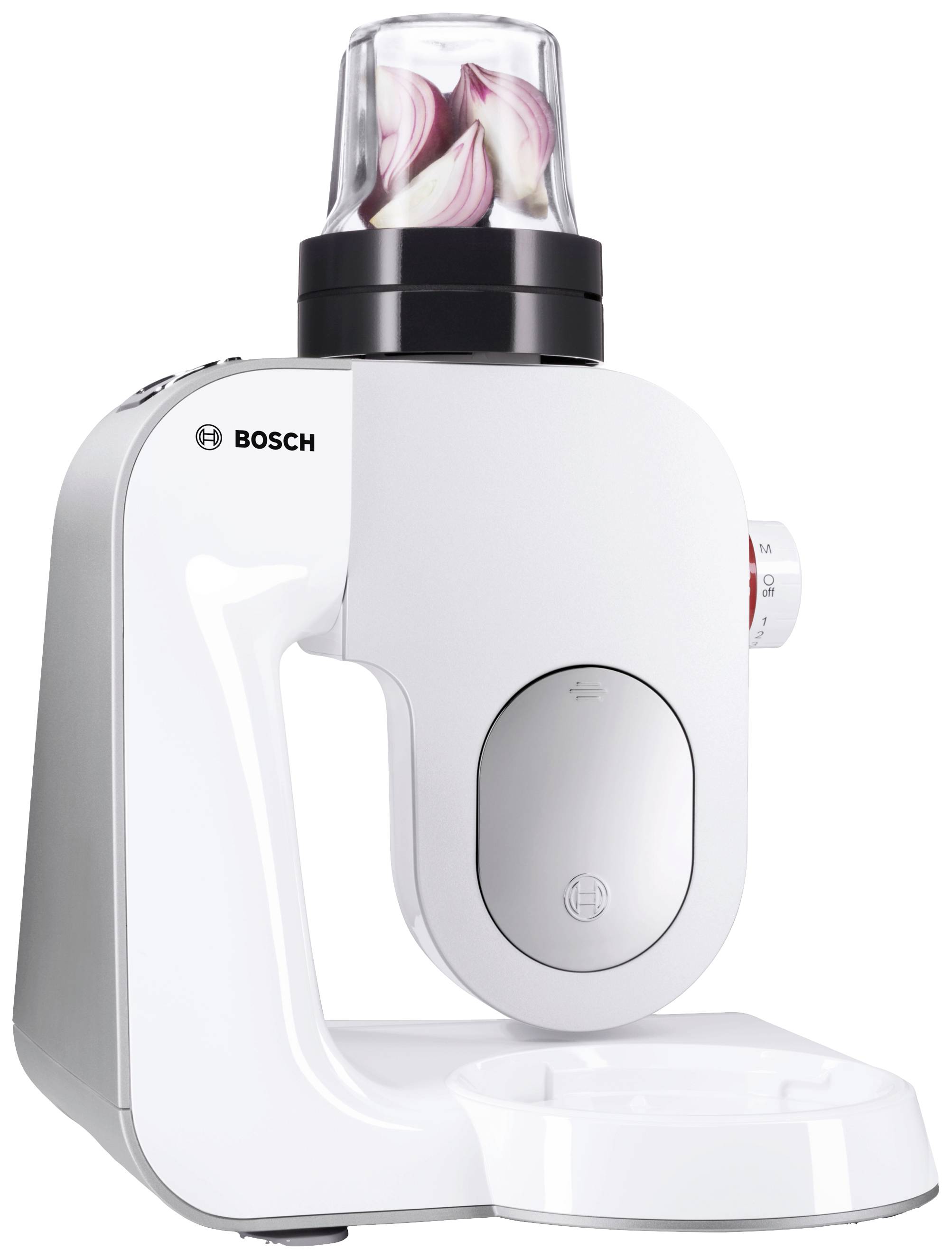 A white Bosch food mixer with a chopper attachment on top, containing onions.