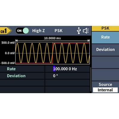 Oscilloscope Display: Yellow sine wave with 10.0000 ms period, 500 mV amplitude. Settings: Rate 100 Hz, phase deviation 0°, source internal.