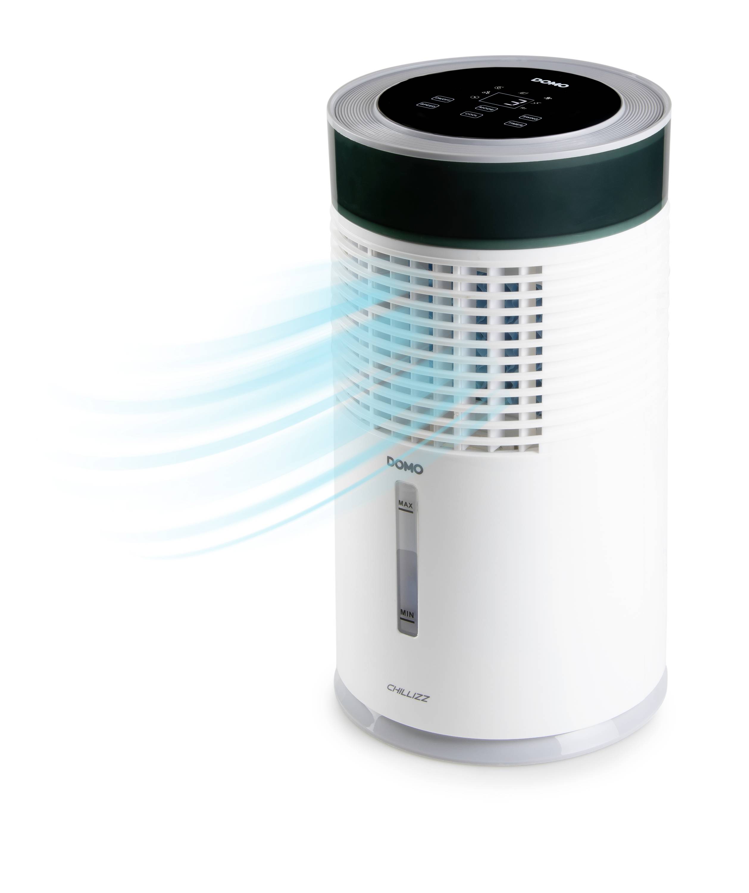 A white dehumidifier with a black control panel on top. Blue lines visualise the airflow streaming from the device.