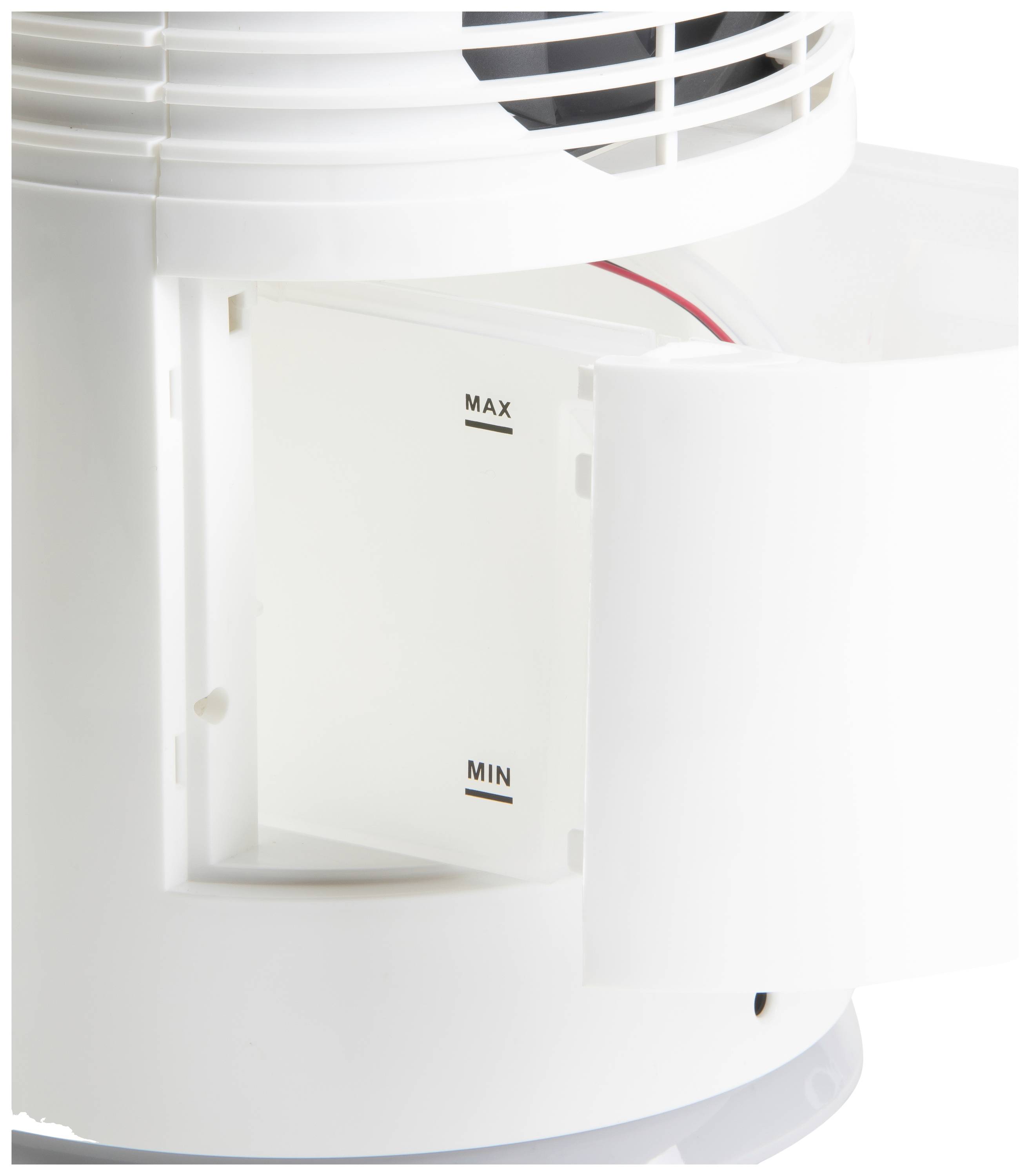 'Close-up of a white device with an open flap showing the maximum and minimum fill levels. Red cable visible.'