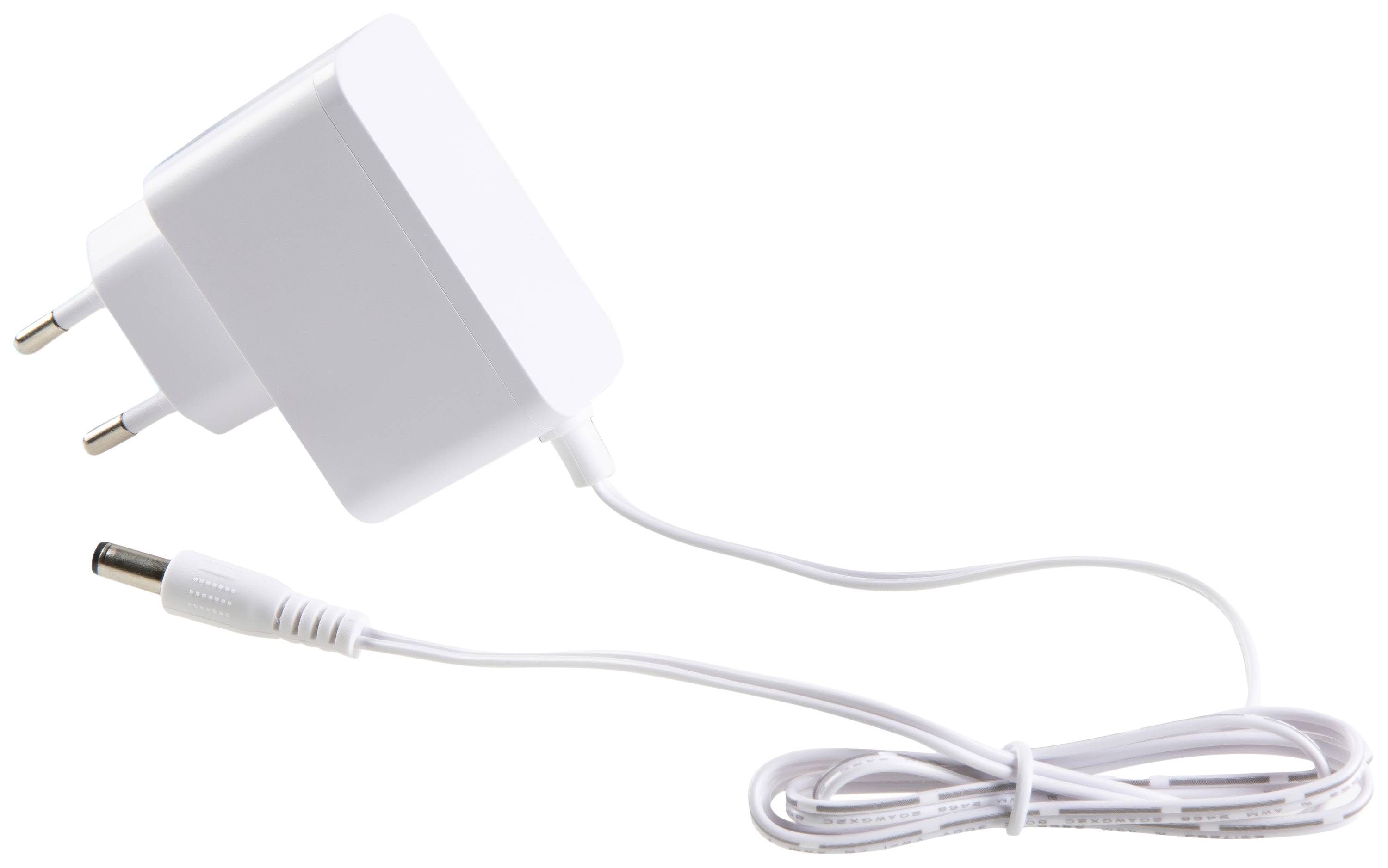 White power supply with European plug and long cable, terminating in a round connector. Suitable for charging electronic devices.