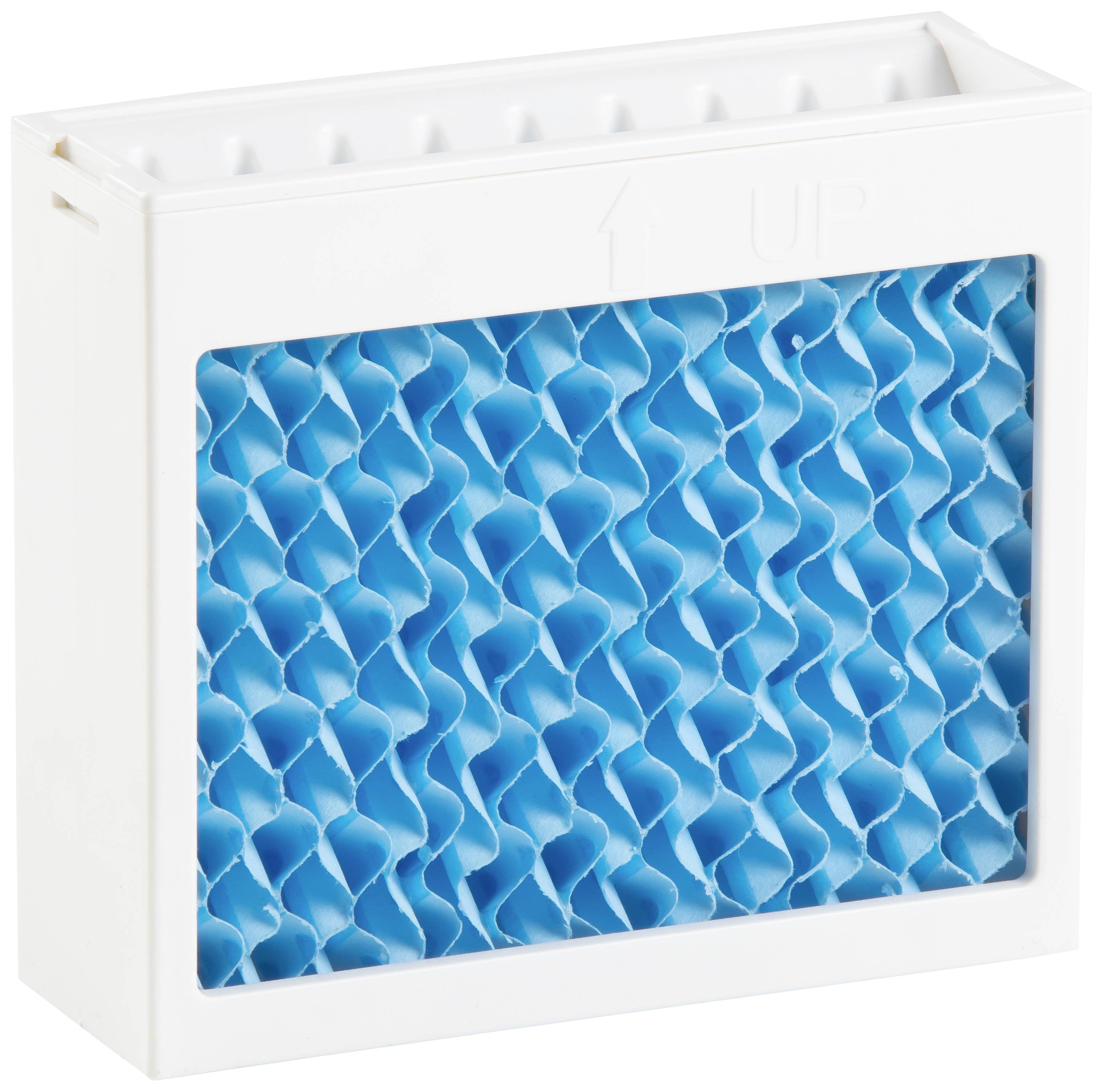 A white rectangular water filter with a blue, honeycomb-like structure inside. Top side marked with an arrow and the inscription 'UP'.