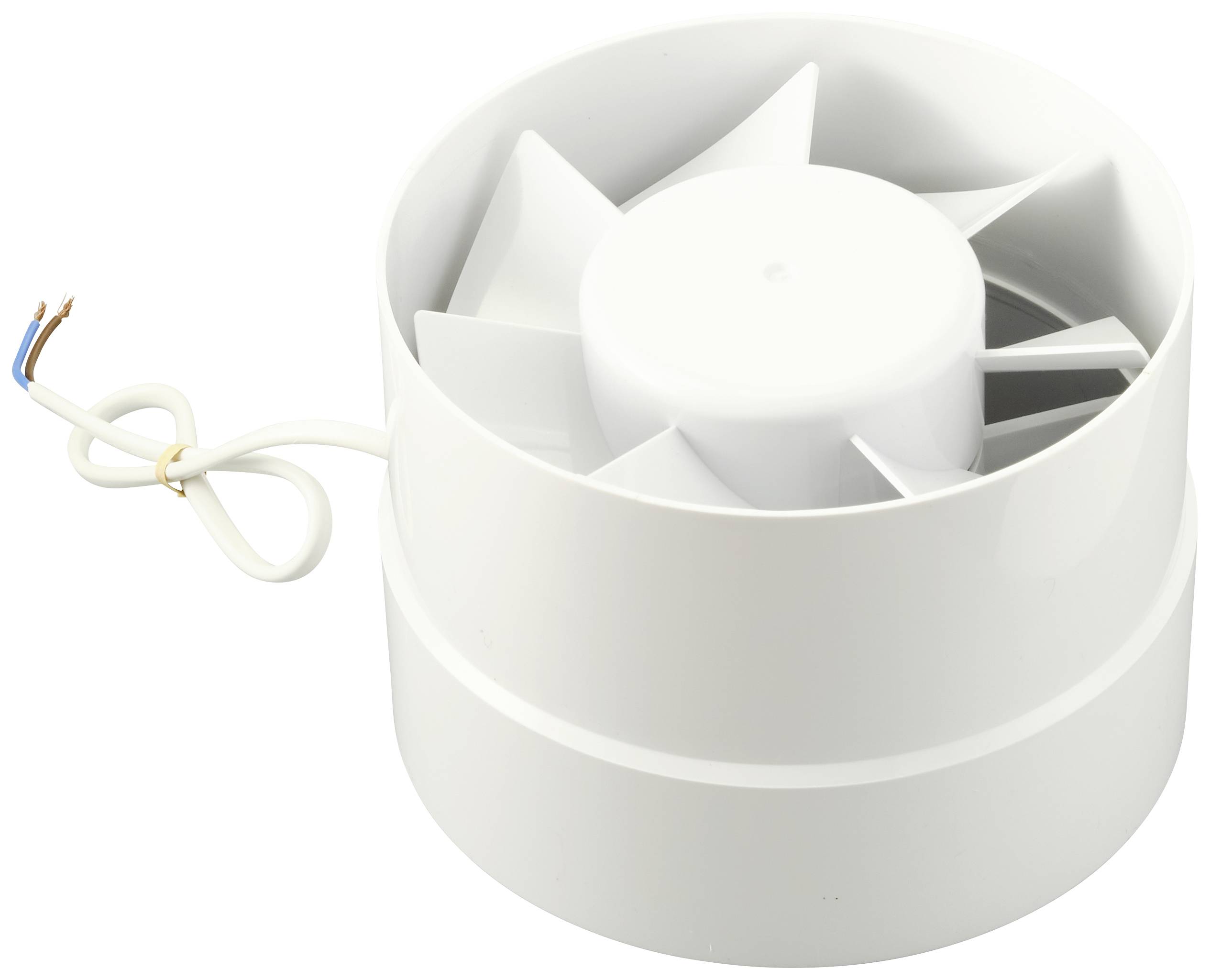 A white fan with eight blades and an exposed cable. Commonly used for air circulation or cooling.