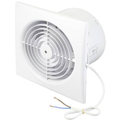 A white wall-mounted electric fan with a circular grille, with a connection cable featuring two exposed copper wires also visible.
