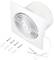 A white bathroom extractor fan with a removable front panel, fan blades visible. Beside it, four screws and wall plugs, along with a power cable.
