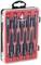 A set of ten black precision screwdrivers in a clear plastic box with a red insert, by TOOLCRAFT.